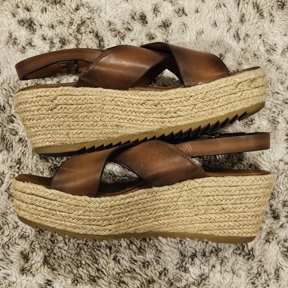 Naturalizer SZ 9.5W Open Toe Brown Leather Espadrille Slingback Buckle 3" Wedge - Picture 7 of 12